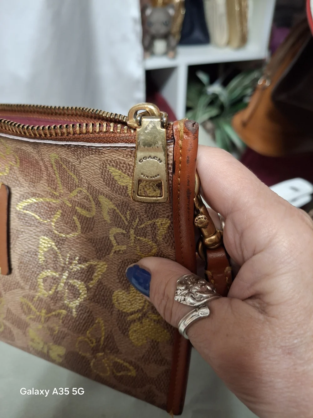 Coach Brown Leather Wristlet with Gold Butterfly Print Custom Paint